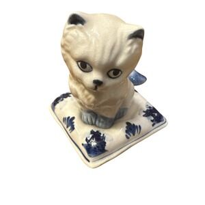 Vintage Hand Painted Delft Blue Porcelain Cat Sitting On Pillow Figurine